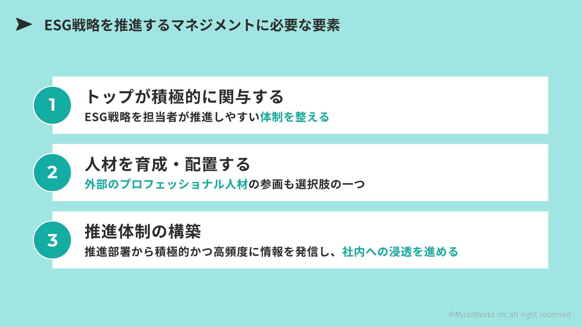 ESG戦略を推進するマネジメントに必要な要素_みらいワークス