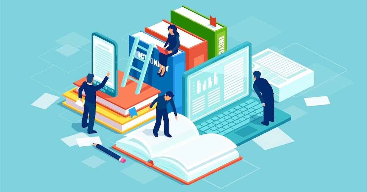 辞書やパソコン画面を見る人物のイラスト