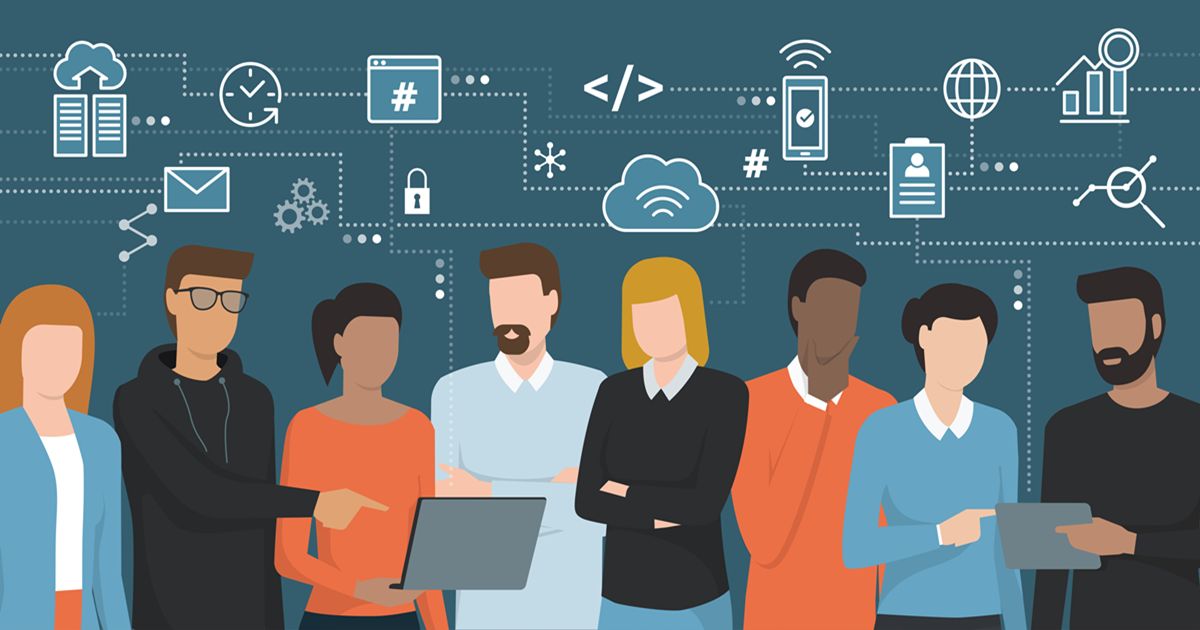 ダイアグラムが描かれた背景の前で議論する人々