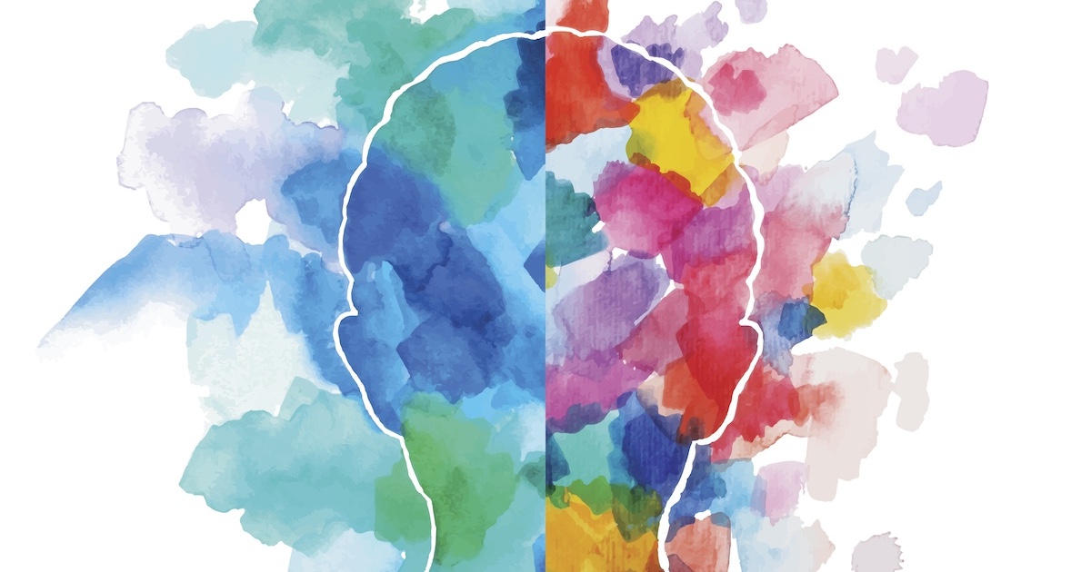 水彩画で描かれた頭のイラスト、思考のイメージ