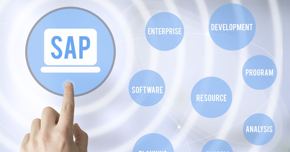 SAPのロゴが描かれたノートパソコンのアイコンを指差す手と、その周りに浮かぶ関連キーワードのバブル