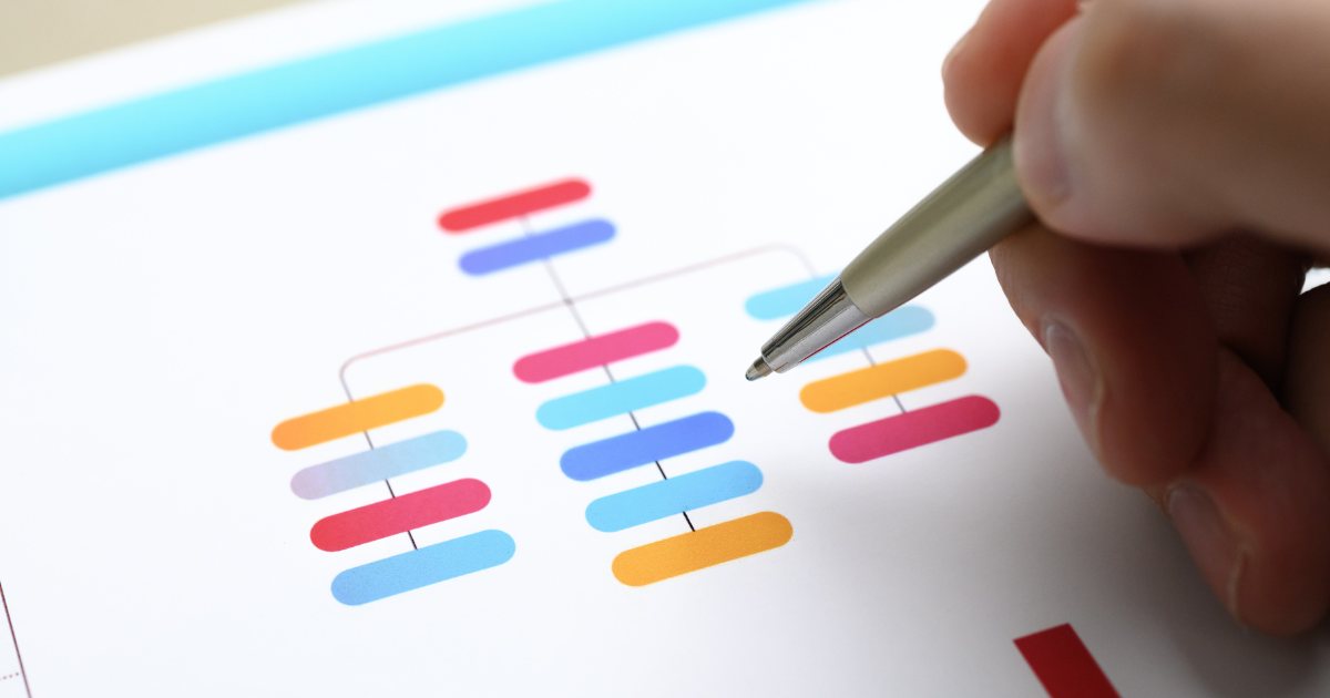 カラフルな階層図をペンで指し示している手元