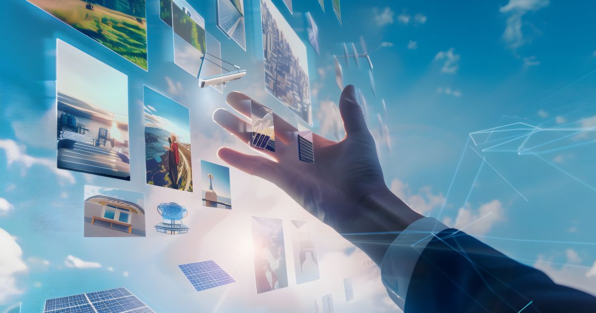 雲の上の空間で、太陽光パネルと多くの画像コンテンツを操作する手