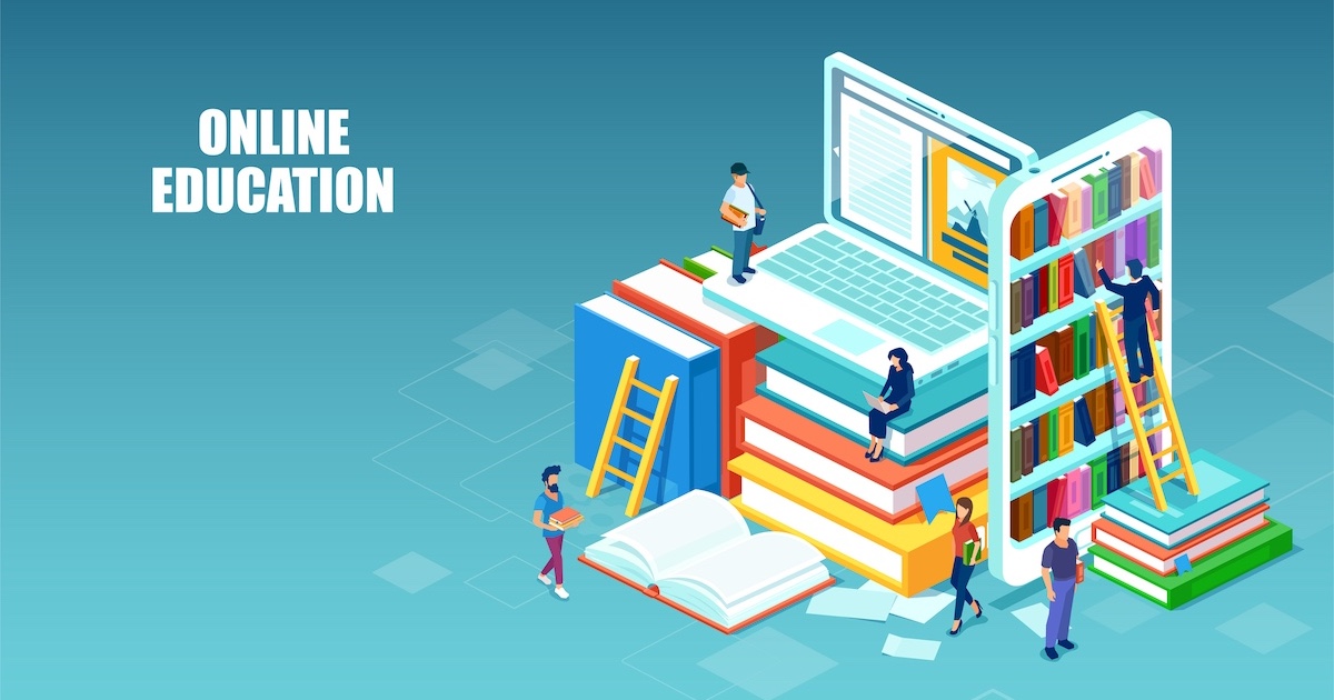 山積みの本とPCのイラスト、オンライン教育のイメージ