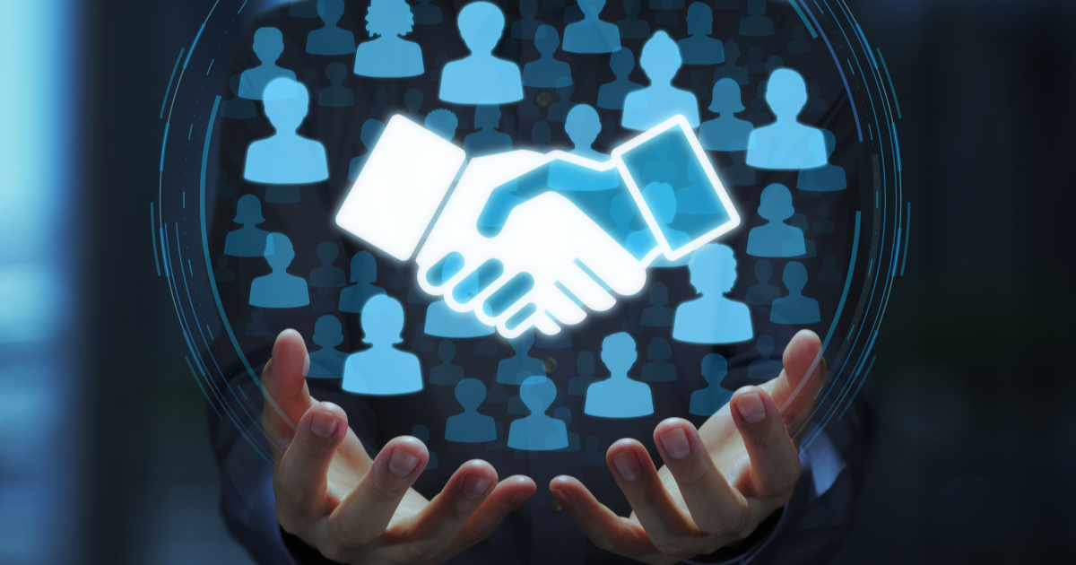 握手のアイコンと人のネットワークを表現したビジュアル