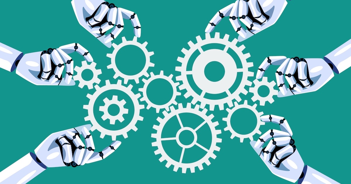 ロボットの手が歯車を動かすイラスト