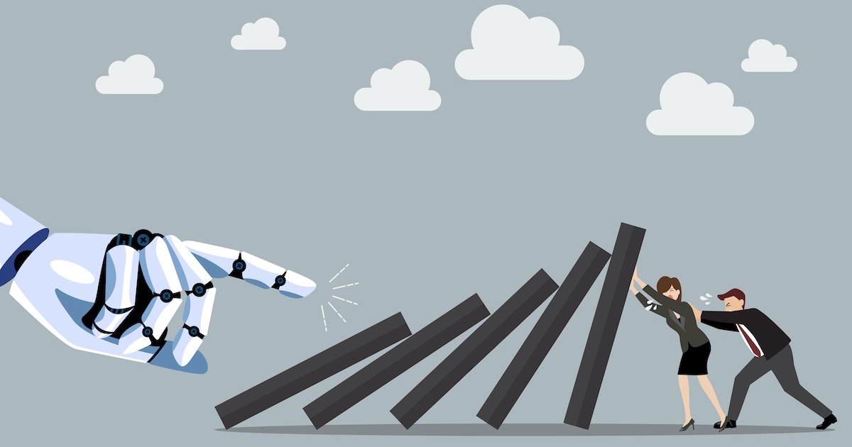 ロボットの手がドミノを倒し、それに抵抗し支えるビジネスパーソンのイラスト、AIによる仕事代替のイメージ