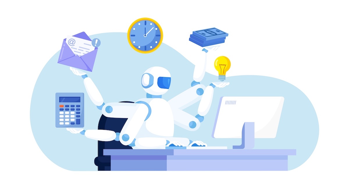 ロボットがデスクで様々な仕事をこなすイラスト