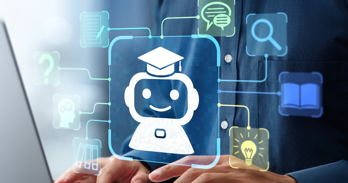 ノートパソコンを操作する手元とロボットや検索マーク・本、電球などのアイコン