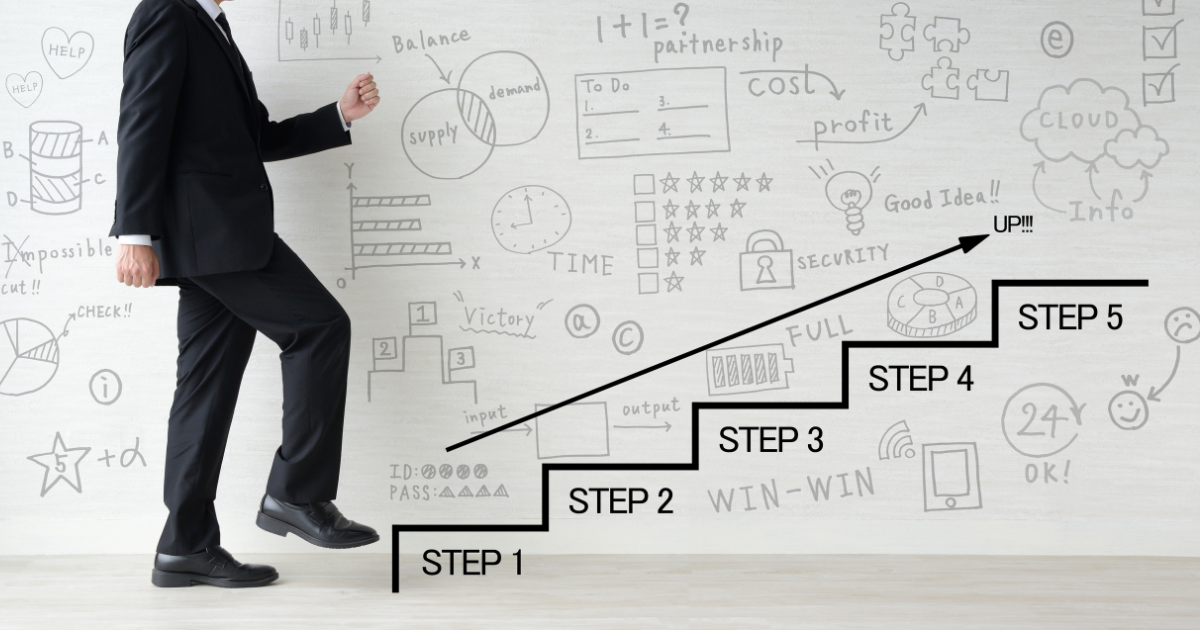 ホワイトボードに書かれた図や工程を背景に、ステップアップの階段を上るビジネスパーソン