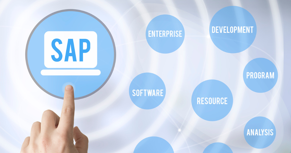 指でタッチ操作される円形の「SAP」アイコンと、周囲に配置された業務機能を示すアイコン