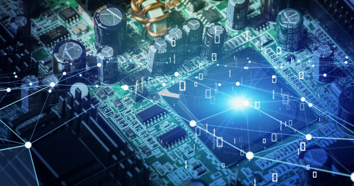 光る回路基板の上に、ネットワーク線と数字が広がる