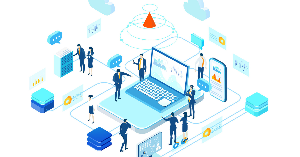 ノートパソコンを中心に人やデータがつながる様子を描いたイラスト