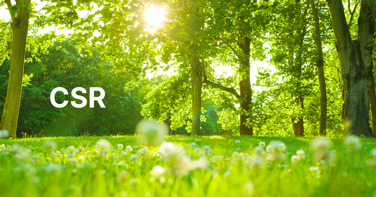 木漏れ日が差し込む緑の森と「CSR」の文字