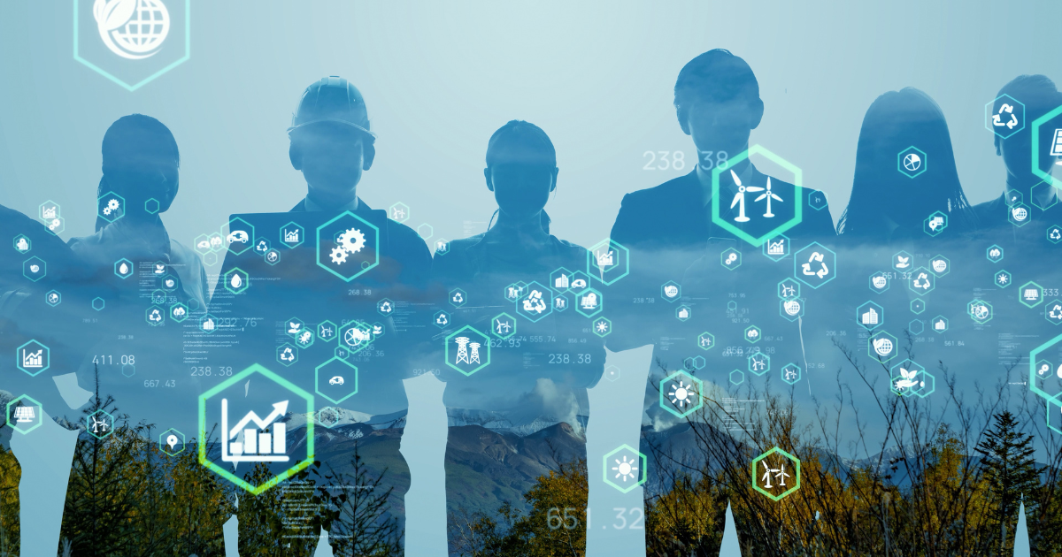 人々のシルエットと環境関連のデジタルアイコン