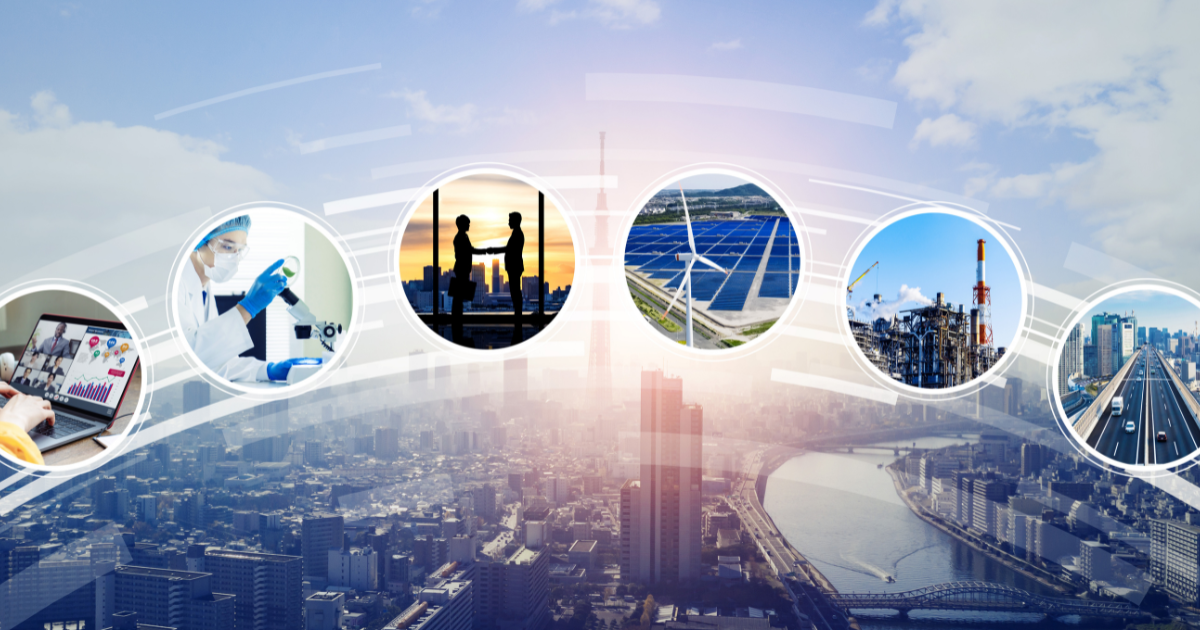 都市の風景と円形に並んだビジネスシーンの画像