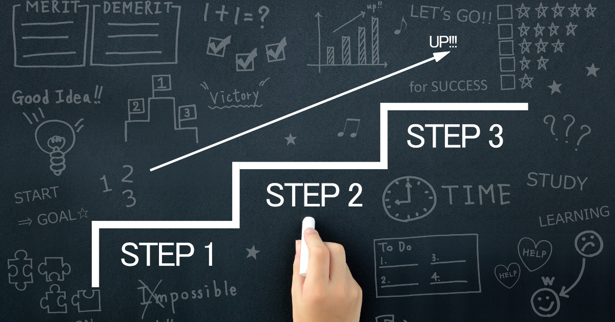 黒板に描かれた階段状のステップと右上がりの矢印